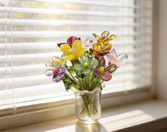 Hand Blown Glass Flower Bouquet, Artisan Glass Sculpture, Home Decor