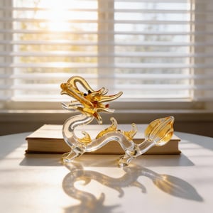 Puede incluir: Una figura de dragón de cristal transparente con detalles dorados en la cabeza, cuernos y cola. El dragón está posado sobre un libro cerrado, con una ventana y persianas en el fondo. La sombra del dragón es visible en una superficie blanca.
