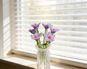 Handmade Hand-Blown Glass Flower Bouquet, Purple Floral Sculpture in Glass Vase, Elegant Home Decor
