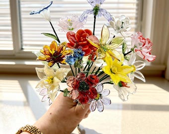 Ramo de flores de vidrio artesanal, flores de vidrio de colores en jarrón decorativo, elegante decoración para el hogar, ideas de regalo para 2026