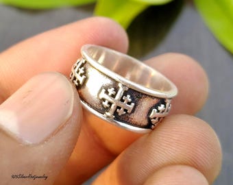Handmade 925 Sterling Silver Jerusalem Cross Ring Medieval Crusader Band Religious Christian Jewelry Gift