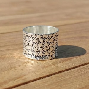 Handmade 925 Sterling Silver Wide Star Pattern Band Ring, Boho Celestial Statement Jewelry