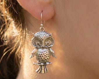 925 Sterling Silver Owl Dangle Earrings // Tiny Wisdom Bird Drop // Boho Statement Jewelry Gift