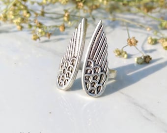 925 Sterling Silver Angel Wing Ring \ Gothic Adjustable Feather Ring \ Unique Boho Statement Jewelry