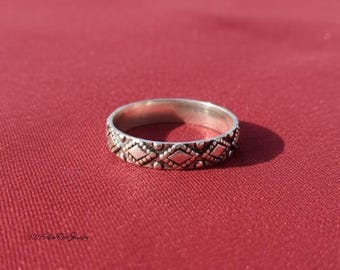 Bohemian Textured Silver Band  | Oxidized Geometric Pattern 925 Sterling  Ring | Wide Stacking Band |