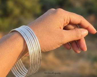 Minimalist Sterling Silver Stacking Bangles Set • Slim Handmade 925 Silver artisan Bracelets for Women
