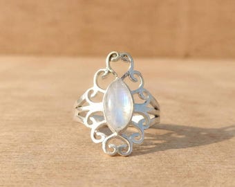 Handmade Rainbow Moonstone Ring Sterling Silver Filigree Boho Statement Jewelry Gift for Her