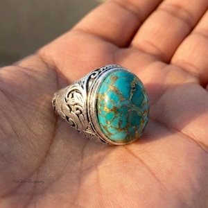 Vintage Sterling Silver Blue Turquoise Ring, Mens Statement Boho Filigree Copper Matrix Turquoise Jewelry