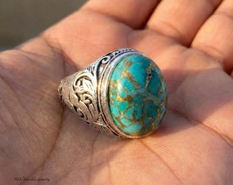 Vintage Sterling Silver Blue Turquoise Ring, Mens Statement Boho Filigree Copper Matrix Turquoise Jewelry