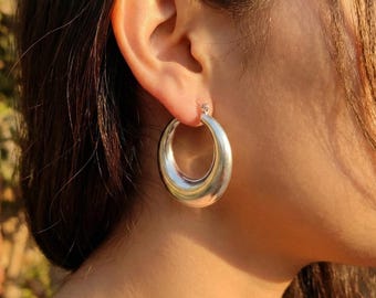 Chunky Sterling Silver Hoop Earrings, Bold Thick Statement Hoops, Polished Minimalist Jewelry Birthday Gift