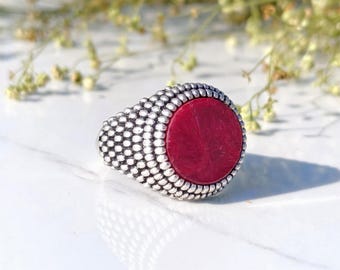 Handmade Natural Ruby Ring 925 Sterling Silver Statement Boho Ring Red Gemstone Textured Band