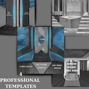 May include: A digital graphic with a futuristic theme, featuring concrete structures and neon blue lighting. Text includes "Global Security Infrastructure," "AI-Driven Analytics," and "4 Professional Templates."