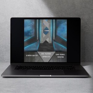 May include: A laptop displays a graphic with a geometric design in a concrete-like setting, with blue neon accents and lightning. Text includes "AI-Driven Analytics," "Core Platform Capabilities," and "Cloud Firewall Protection."
