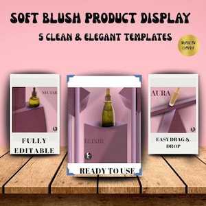Puede incluir: Un conjunto de plantillas de visualización de productos digitales con tres paneles verticales sobre fondos rosa rubor. El texto dice SOFT BLUSH PRODUCT DISPLAY, 5 CLEAN & ELEGANT TEMPLATES, NECTAR, FULLY EDITABLE, ELIXIR, AURA, EASY DRAG & DROP y READY TO USE.
