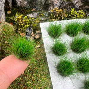 May include: Close-up of several tufts of bright green miniature grass, likely for model landscaping. The grass is held by a finger, showing the scale. Other grass tufts are arranged on a white surface. The scene includes a miniature garden with a pond and rocks.