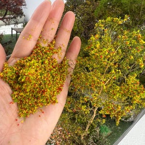 May include: A hand holding a pile of miniature model foliage with green, yellow, and red accents. The foliage is next to a miniature tree with yellow and green leaves and small red berries. The scene appears to be a model landscape.