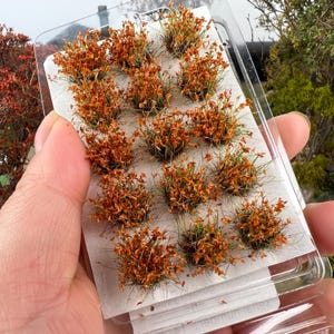 May include: A clear plastic package containing miniature model bushes. The bushes have orange-brown foliage and green grass-like stems. The package is held in a person's hand, with other model trees visible in the background.