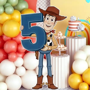 May include: A colorful birthday party scene with a large number 5 cutout held by a Woody cartoon character. Balloons in shades of blue, green, yellow, and red create a festive backdrop. A cake and rainbow add to the celebration.