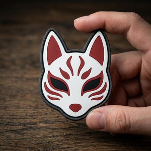 May include: A fox mask patch featuring a white base with red accents on the ears, forehead, and cheeks, and black almond-shaped eyes. The patch has a dark border and a red nose, designed with a smooth, flat surface and a distinct, stylized animal face.