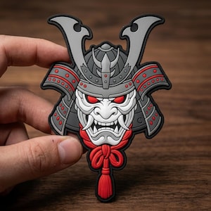 May include: A rubberized patch featuring a stylized samurai mask in shades of gray, white, and black. The mask has glowing red eyes, a white face with bared teeth, and a gray helmet with red accents. A bright red cord with a tassel hangs below.