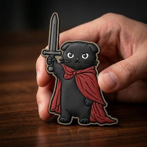 May include: A black cat-shaped patch with a red cape and a sword. The cat has white eyes and a black nose and whiskers. The patch is held in a hand against a dark background.