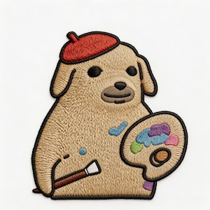 May include: Embroidered patch featuring a cartoon dog wearing a red beret and holding a paintbrush and artist's palette. The palette has colorful paint splotches. The dog is light brown with black outlines and details. A fun, artistic theme.