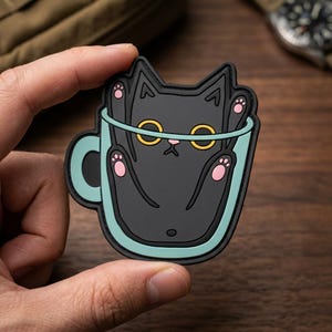May include: A black cat patch in a light blue teacup design. The cat has pink paw pads and yellow eyes. The patch is held by a hand against a wooden background.