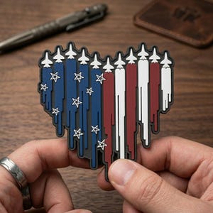 May include: A heart-shaped patch featuring a patriotic design with blue, white, and red stripes and stars. The top edge has a row of white airplane silhouettes. The patch is held in a person's hands.