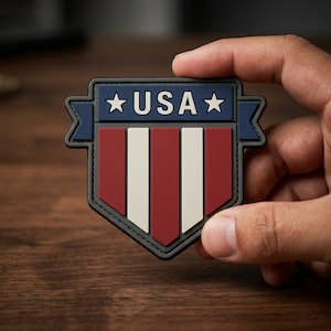 May include: A shield-shaped patch with a patriotic design. The top section features the word "USA" in white letters on a blue banner, flanked by stars. The lower portion has red and white vertical stripes.