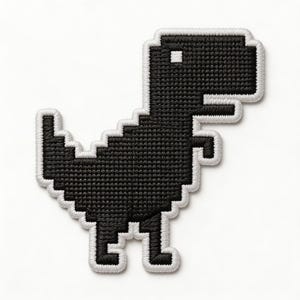 May include: A black and white pixelated dinosaur patch. The dinosaur is black with a white outline and a white eye. The patch is square and has a textured appearance.