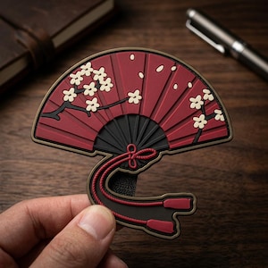 May include: A decorative patch shaped like a folding fan with a deep red background, black accents, and cream-colored cherry blossom branches. The design includes a stylized red cord with tassels at the bottom, all outlined in a metallic bronze border.