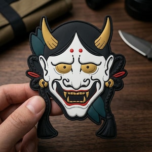 May include: A rubberized patch featuring a stylized Hannya mask design. The mask is white with black hair, yellow horns, and yellow eyes. It has a wide, open mouth with visible yellow fangs, red lips, and small red dots on the forehead.
