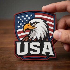 May include: A patriotic emblem featuring a bald eagle with a stern expression, set against a backdrop of the American flag. The word "USA" is prominently displayed in bold, white letters. The emblem is bordered in red, white, and blue.