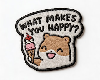 What Makes You Happy Hamster Embroidered Iron On Patch | Cute Kawaii Applique | Ice Cream Lover Gift | Jacket Backpack Decor