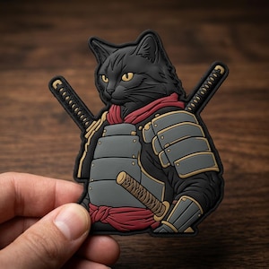 May include: A black cat patch featuring a feline warrior dressed in grey segmented armor with a red scarf and sash. The cat has yellow eyes and is equipped with two crossed swords on its back and a third sword held at the waist in a tan scabbard.