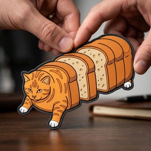May include: A whimsical orange tabby cat design, sliced into bread slices. The cat's body is orange with black stripes, and the bread is light brown with a white interior. The design is held by two hands.