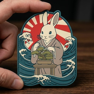 May include: A rubber patch featuring a cream-colored rabbit wearing a brown kimono, trimming a small bonsai tree on a wooden stand. The background displays a red and cream sunburst design surrounded by stylized dark teal ocean waves.