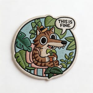 Meme This Is Fine Wolf Meme Embroidered Patch | Funny Iron On Patch | Tropical Leaves Embroidery | Sarcastic Humor Patch