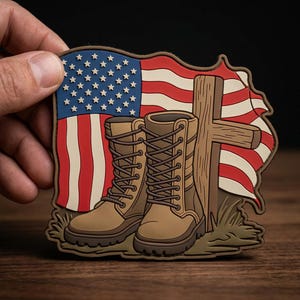 May include: A patch featuring a U.S. flag, combat boots, and a wooden cross. The flag has red and white stripes with blue and white stars. The boots are brown, and the cross is light brown. The patch is held by a hand.