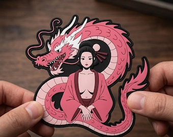 Geisha Dragon PVC Patch Japanese Anime Pink Tactical Morale Badge Backpack Gear Custom Cool Gift for Japan Lovers Birthday Present