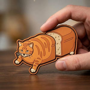 May include: A novelty orange cat-shaped magnet with brown stripes, appearing to be inside a loaf of bread. The magnet has a cartoonish design with a white bread interior and is held by a hand.