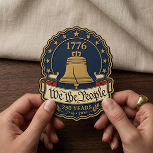 May include: A navy blue and gold sticker featuring the Liberty Bell, stars, and the text "1776" and "We the People." The sticker commemorates 250 years, from 1776 to 2026. The sticker is held by two hands.