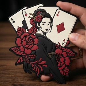 May include: A decorative patch featuring an illustration of a person with dark hair styled in a bun with hairpins, wearing a black kimono. The design includes large red roses and three playing cards showing the Ace of Clubs, Hearts, and Diamonds.