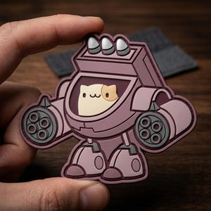 May include: A purple and gray patch featuring a cartoon robot with a cat face in the center. The robot has two gun barrels on each side and three silver projectiles on top. The cat has a beige face with black whiskers.