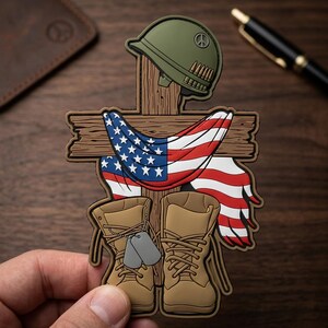 May include: A patriotic emblem featuring a wooden cross with an American flag draped over it. The design includes a green helmet with a peace symbol, ammunition, and tan combat boots with dog tags. The emblem is held by a hand.