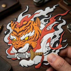 May include: A rubberized patch featuring an orange tiger head with yellow eyes, baring its teeth while holding a silver sword with a gold hilt in its mouth. The tiger is surrounded by stylized white and red smoke or flame-like shapes.