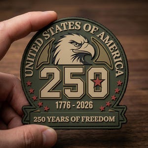 May include: A round, olive green patch with the text "UNITED STATES OF AMERICA" and a depiction of an eagle. The number "250" is centered, with the years "1776-2026" below. The text "250 YEARS OF FREEDOM" is at the bottom.