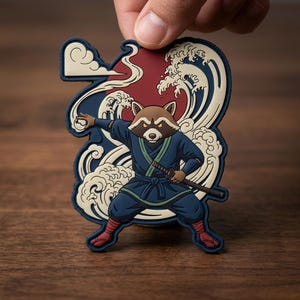 May include: A rubber patch featuring a raccoon dressed as a samurai in a blue robe with a katana. The background displays a red sun and stylized cream-colored waves. The raccoon is in a dynamic pose with one arm extended and the other holding a sword.