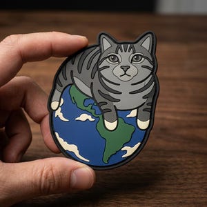 May include: A gray tabby cat illustration resting on a blue and green Earth graphic. The cat has white paws and is surrounded by a black border. The image is held by a hand.