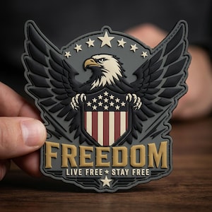May include: A patch featuring an eagle with outstretched wings, a shield with stars and stripes, and the word "FREEDOM" in gold lettering. The phrase "LIVE FREE * STAY FREE" is below. The patch is in shades of gray, black, gold, and red.
